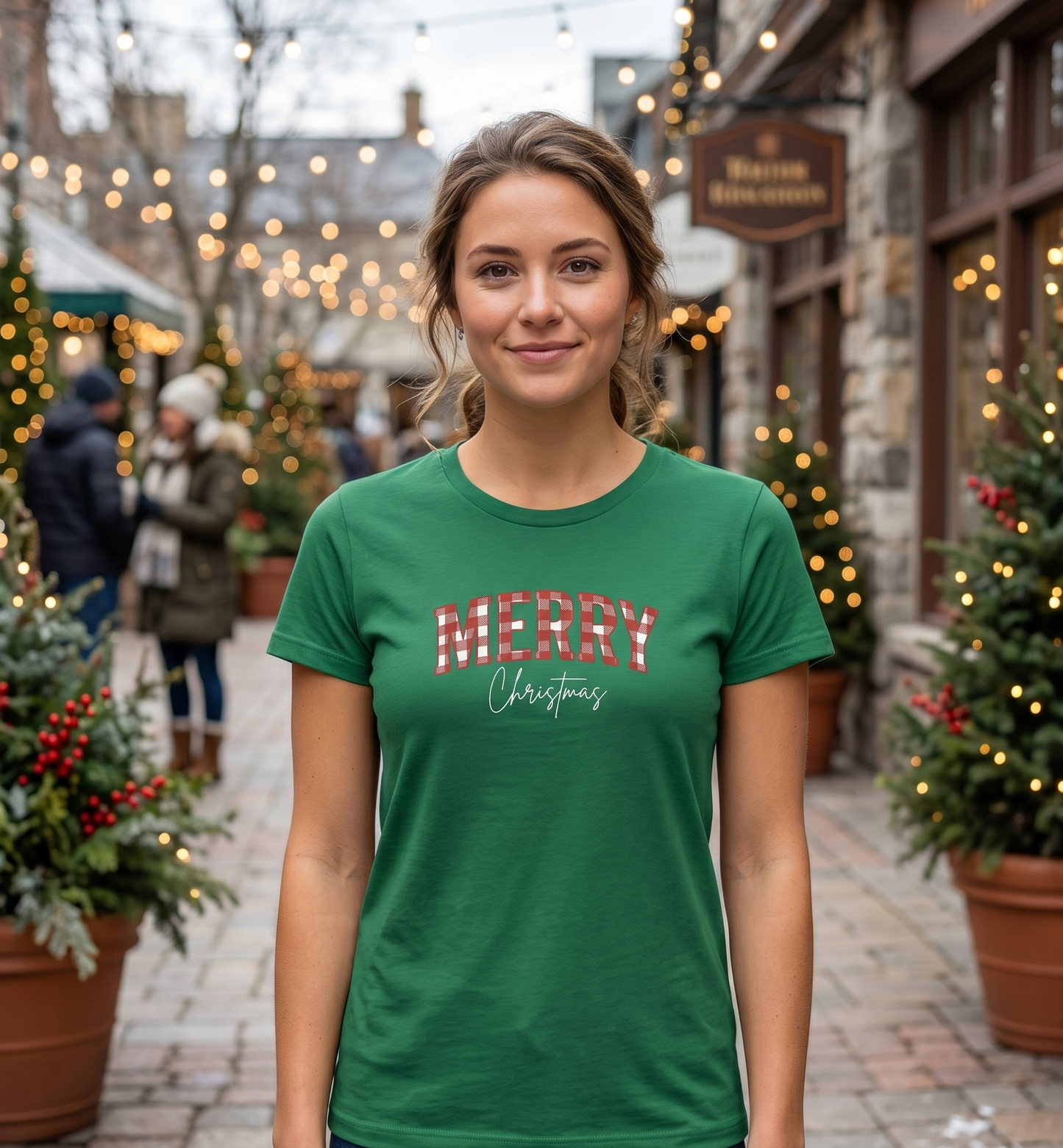 Merry Christmas Plaid Tee — Women's Green Holiday Shirt