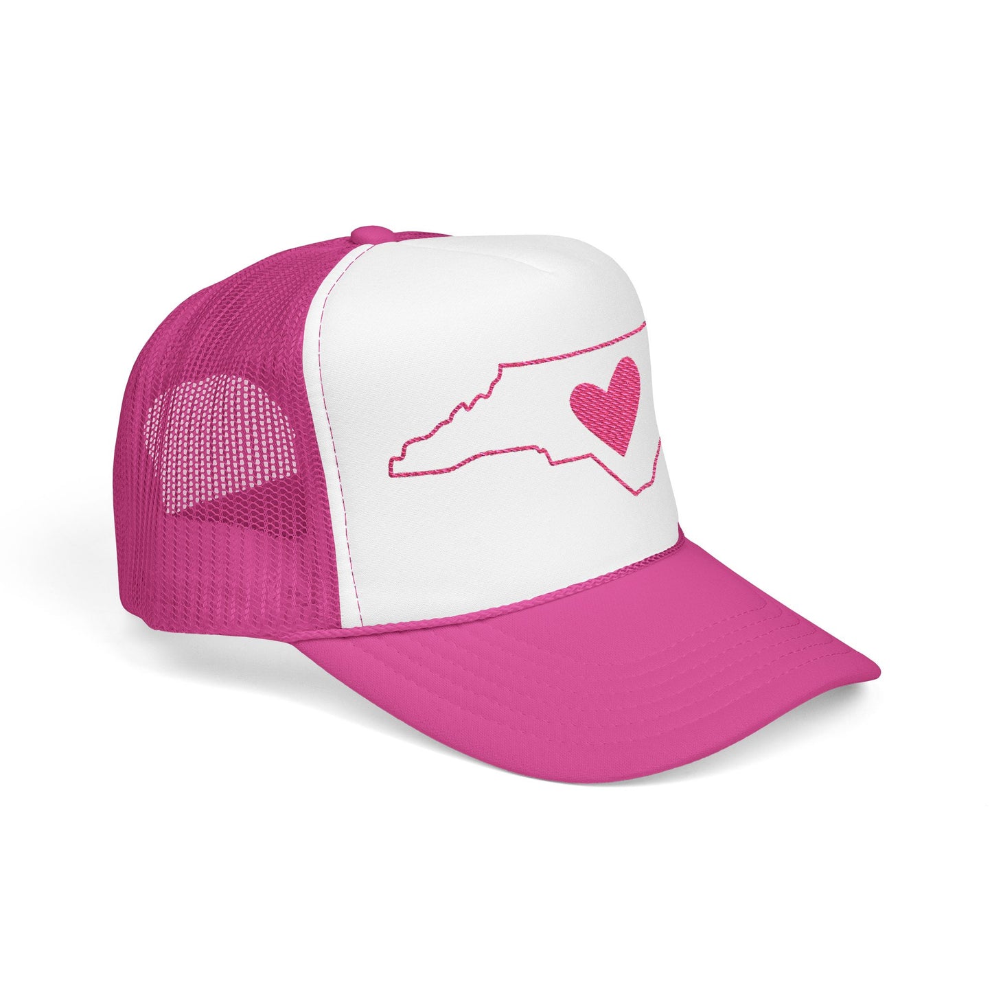 North Carolina Heart Trucker Hat — Pink State Outline Foam Cap