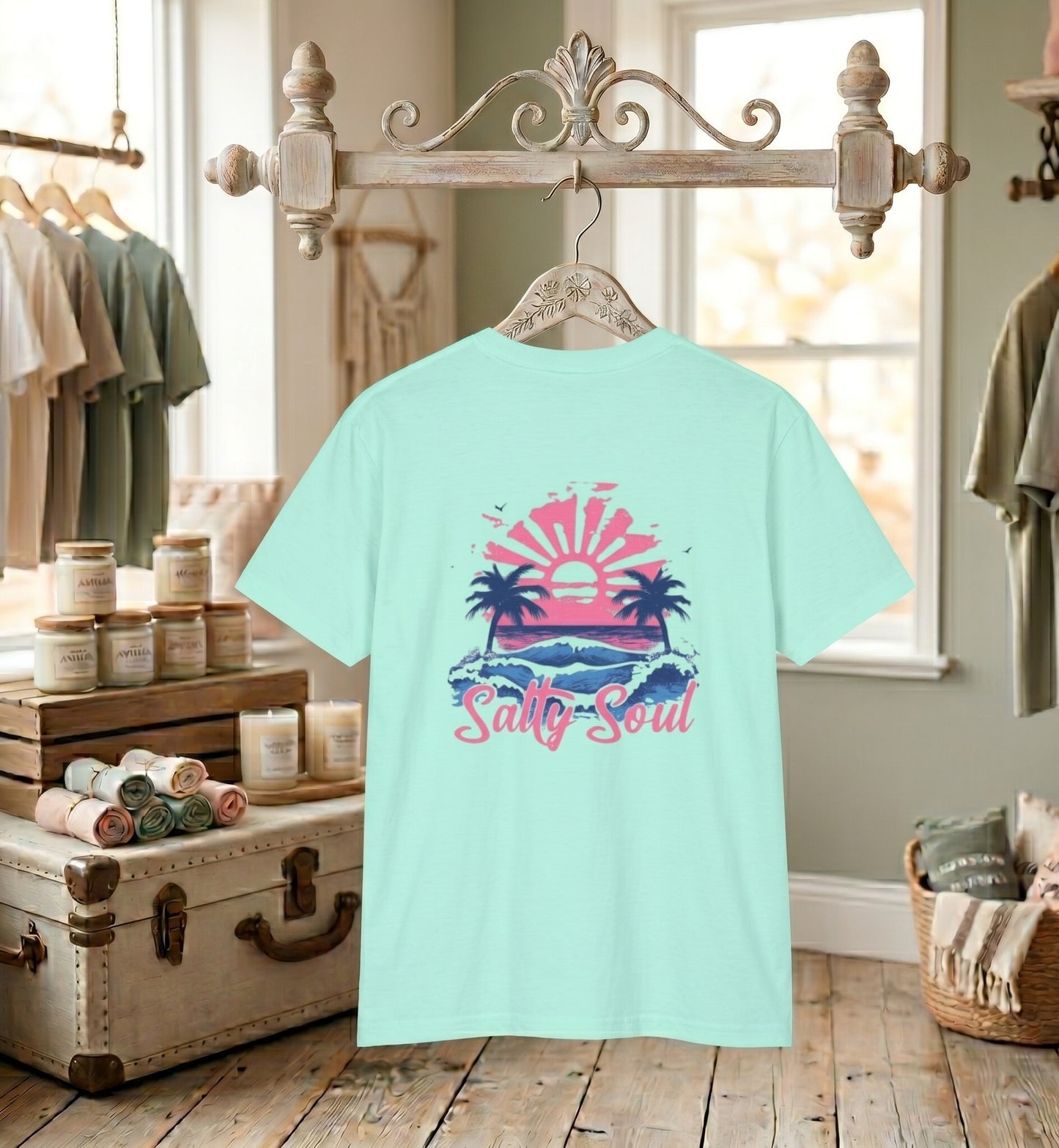 Beach T-Shirt — "Salty Soul" Retro Sunset Tee