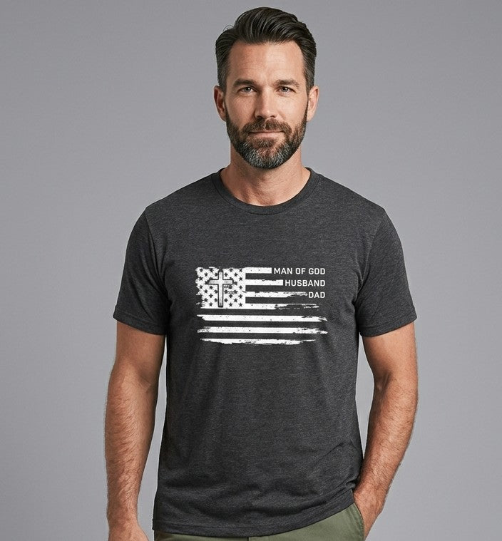 God, Husband, Dad Flag T-Shirt — Patriotic Faith-Based Father's Day Tee