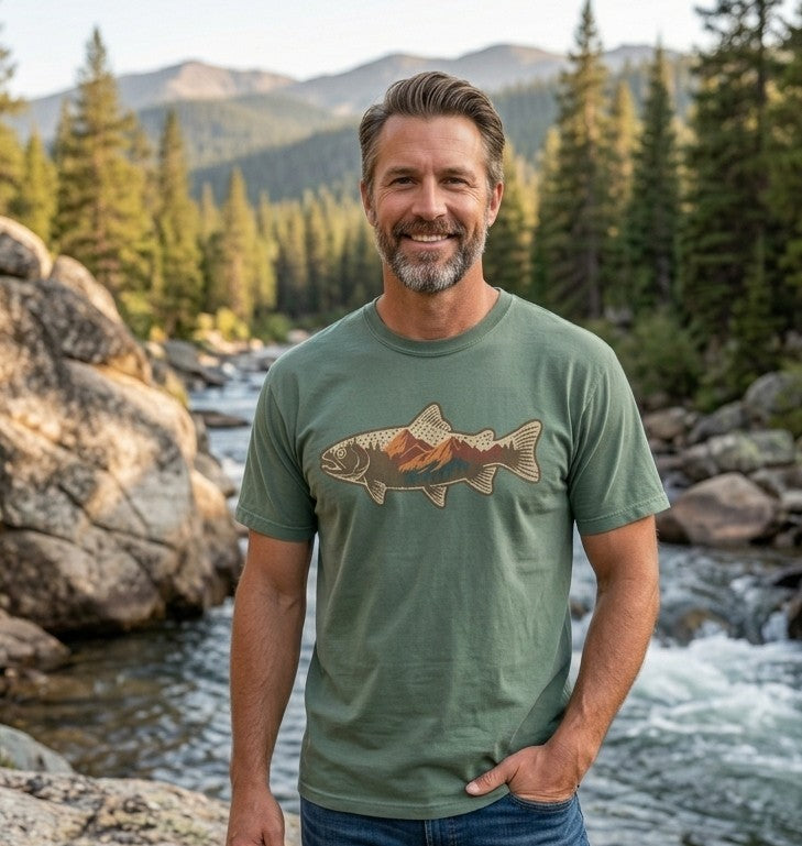 Vintage Trout T-Shirt — Mountain Sunset Fish Graphic Tee