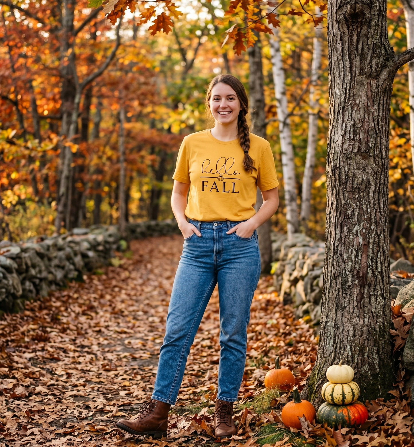 Hello Fall Women's Tee — Cute Pumpkin Autumn Shirt