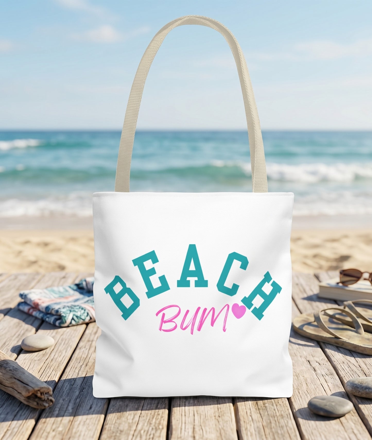 Beach Bum Tote Bag — Pink Script & Teal Arch Summer Tote