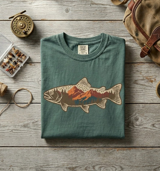 Vintage Trout T-Shirt — Mountain Sunset Fish Graphic Tee