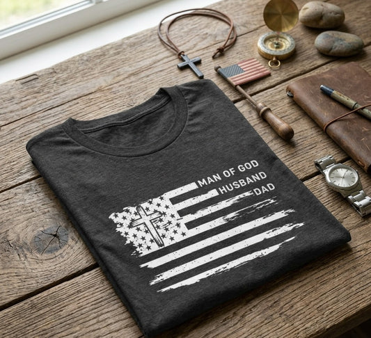 God, Husband, Dad Flag T-Shirt — Patriotic Faith-Based Father's Day Tee