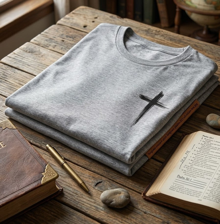 Forgiven Cross T-Shirt — 'Forgiven' Psalm 32:1 Christian Tee
