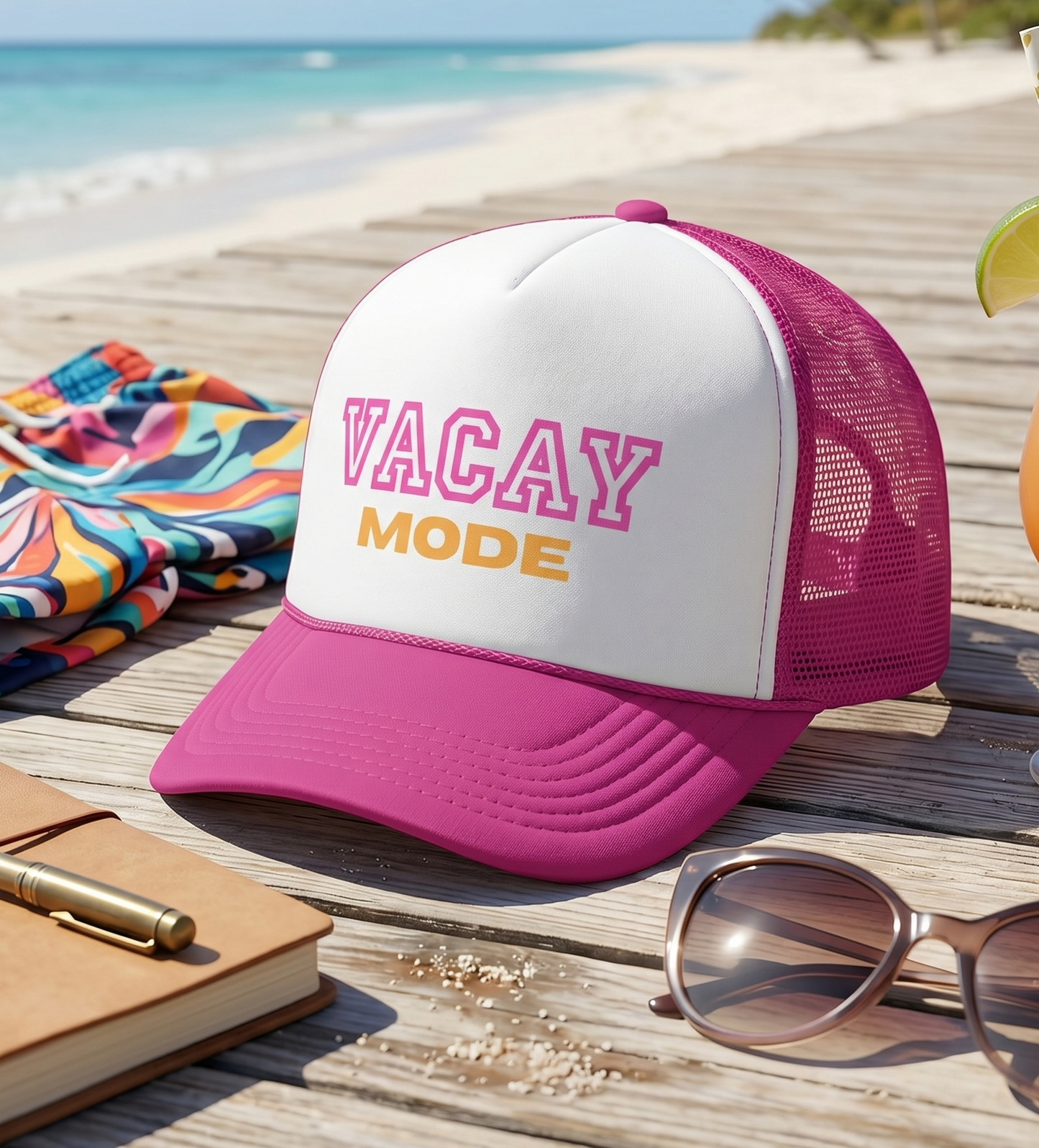 Vacay Mode Trucker Hat — Pink Vacation Baseball Cap