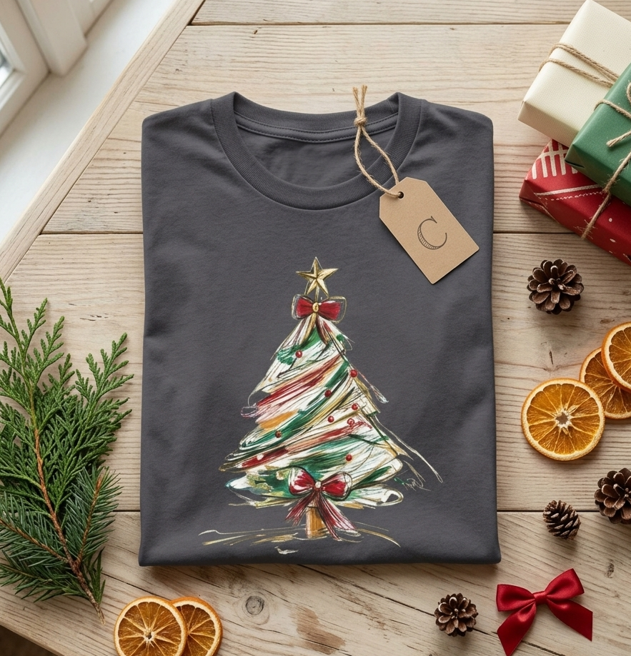 Christmas Tree Graphic Tee — Festive Painted Holiday T‑Shirt