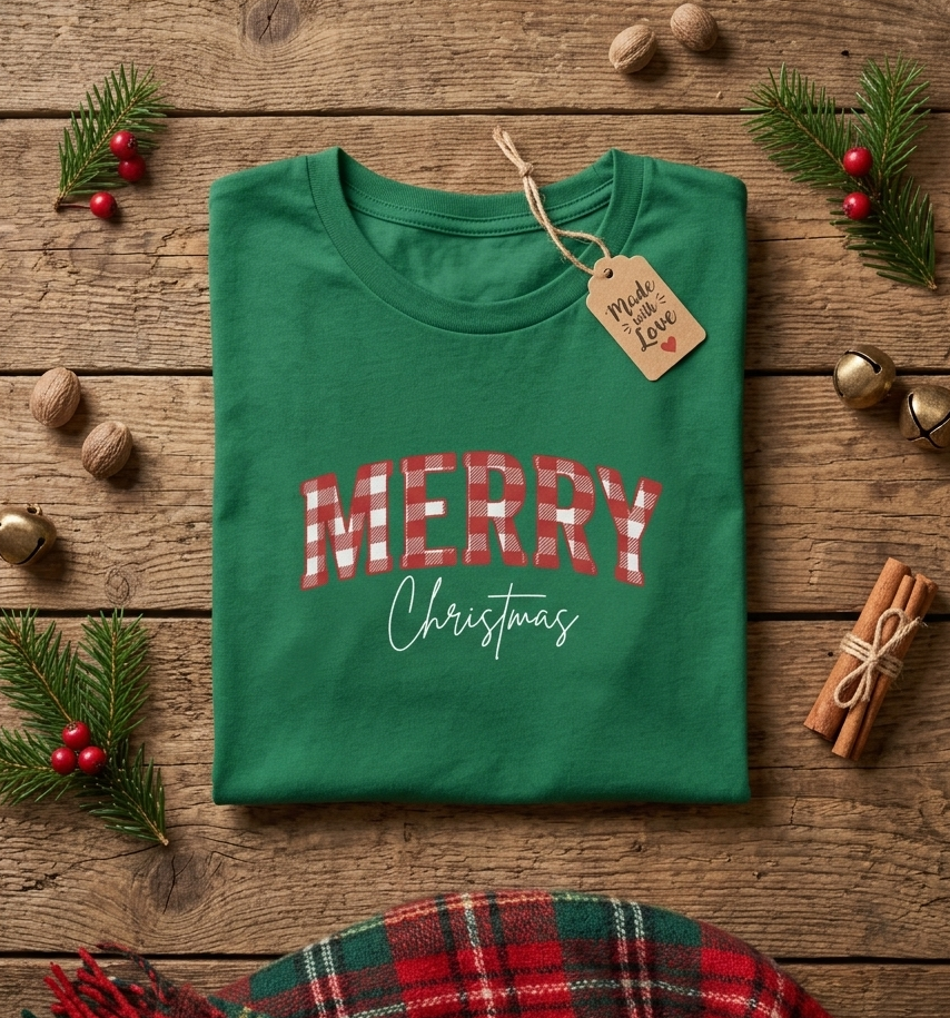 Merry Christmas Plaid Tee — Women's Green Holiday Shirt