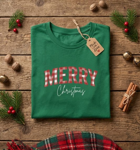 Merry Christmas Plaid Tee — Women's Green Holiday Shirt