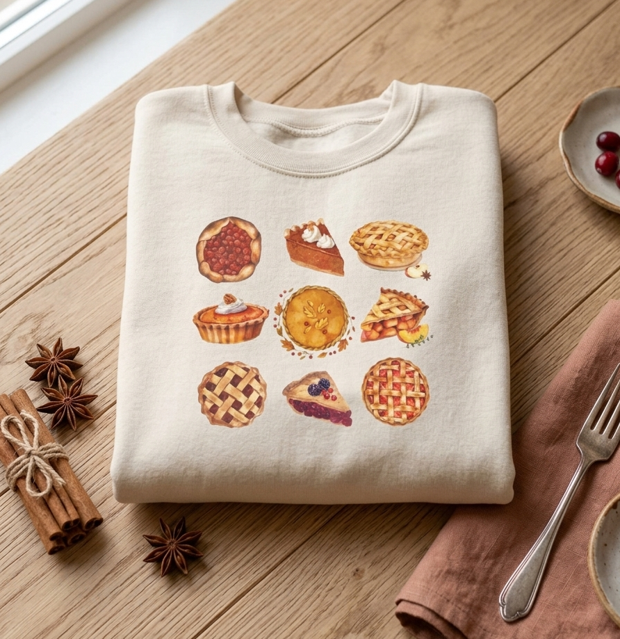 Pie Lover Sweatshirt — Cute Assorted Pies Graphic Crewneck