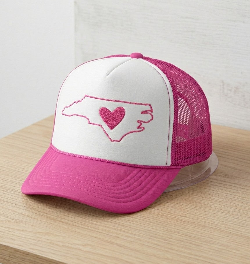 North Carolina Heart Trucker Hat — Pink State Outline Foam Cap