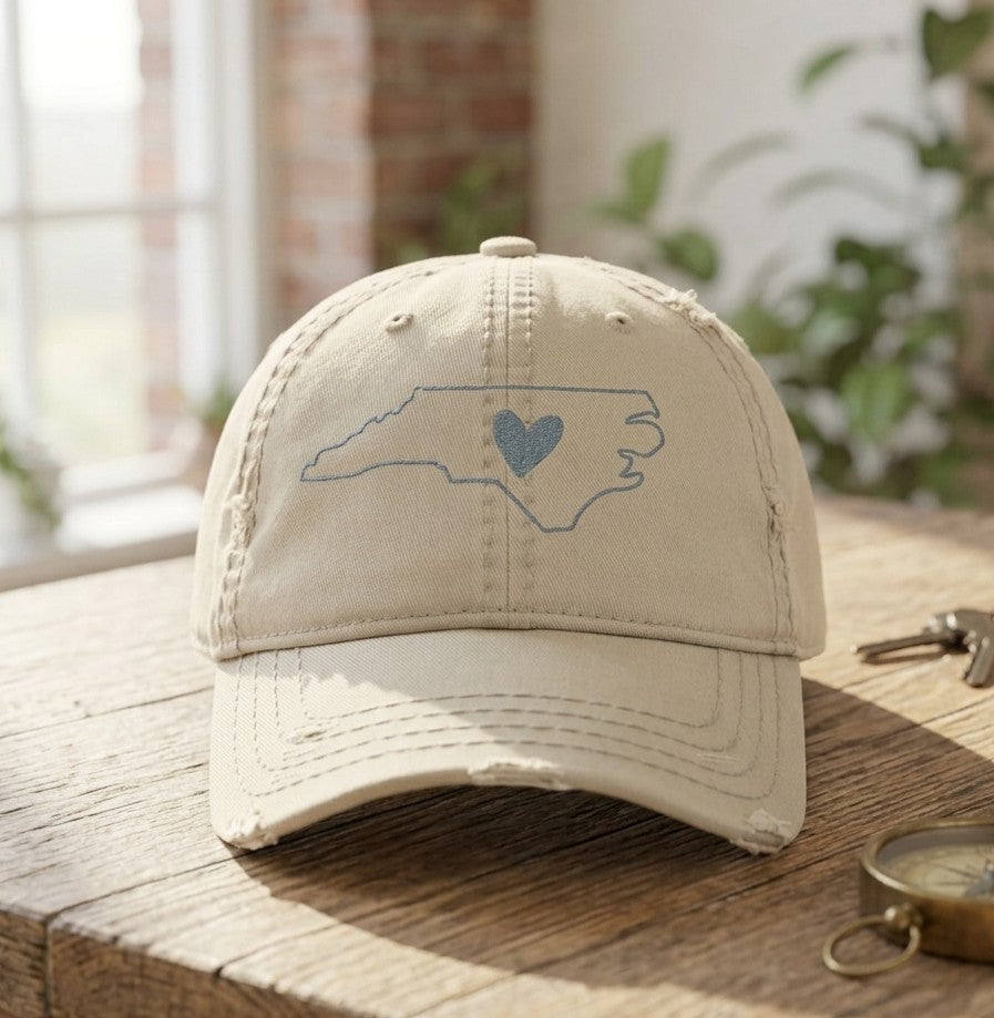 Distressed Embroidered Hat — North Carolina Outline with Heart