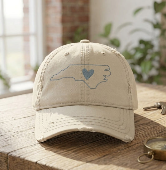 Distressed Embroidered Hat — North Carolina Outline with Heart