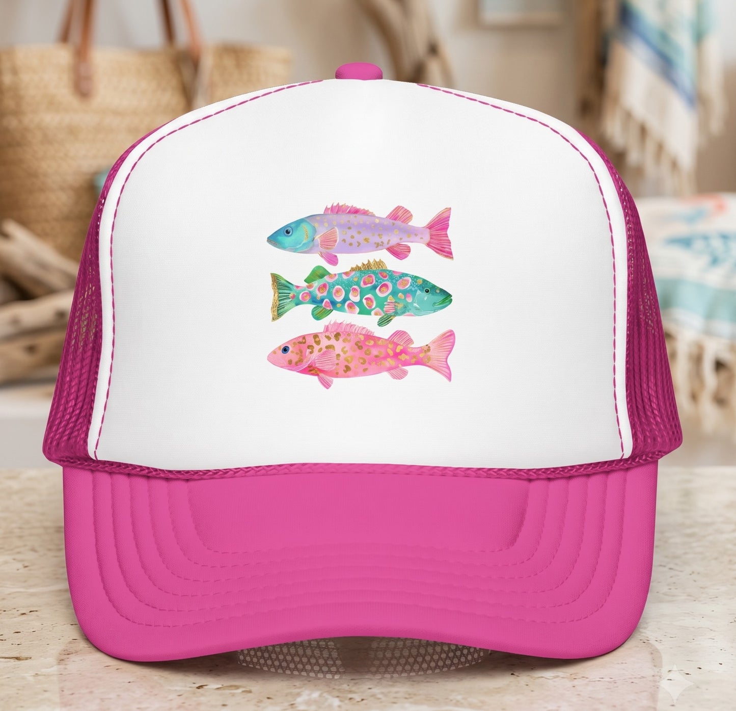 Pink Floral Fish Trucker Hat