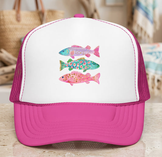 Pink Floral Fish Trucker Hat